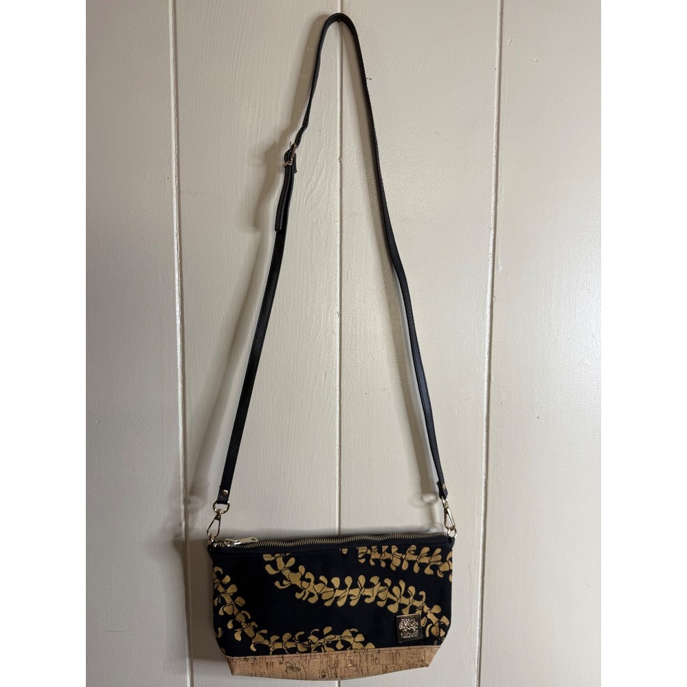 A Maui Day Crossbody Bag Women's‎ Cork Bottom Purse Black Gold Floral Handmade